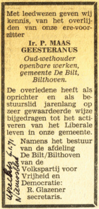 Overlijdensbericht Pieter (Piet) MG (1896-1971)